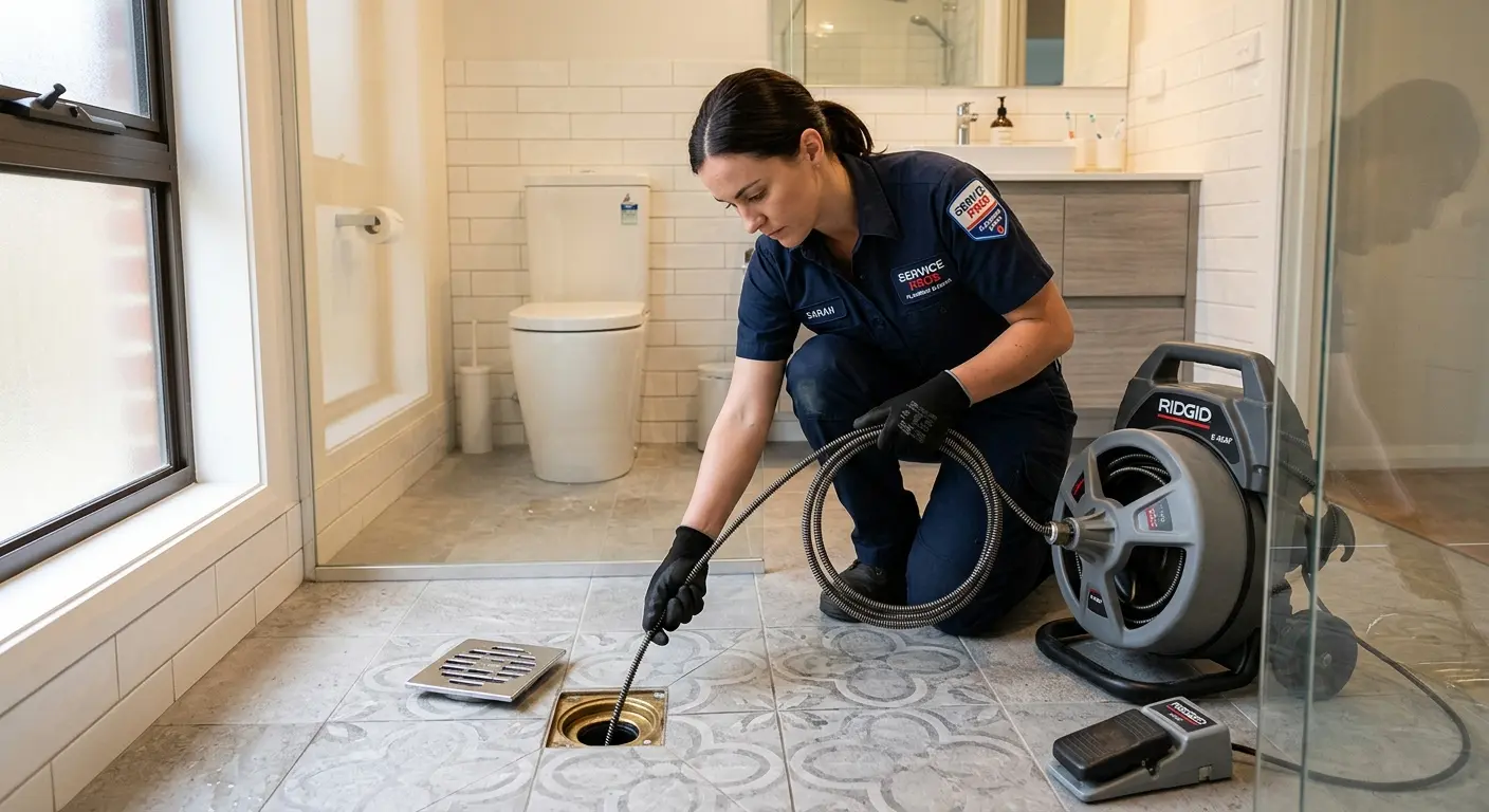 Technician clearing a bathroom floor drain for Drain Cleaning in Harrisburg